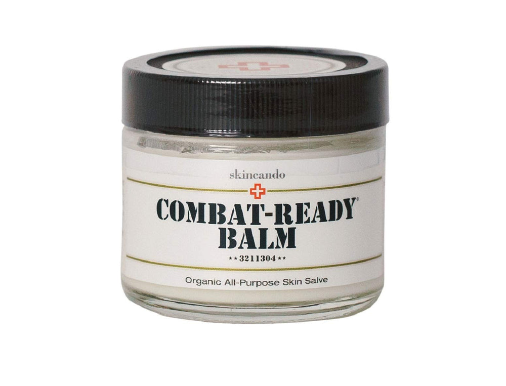 Skincando Combat Ready Skin Balm packaging close-up showing natural ingredients