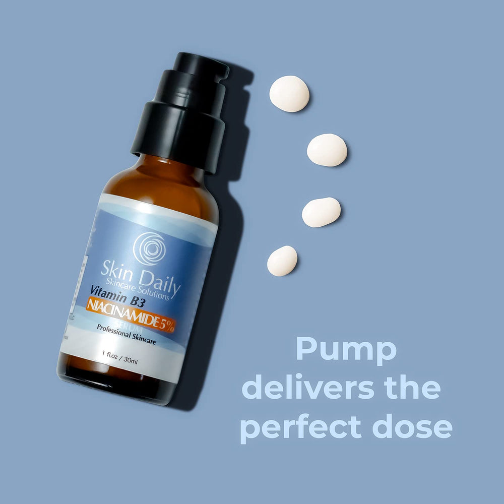 SkinDaily Niacinamide Serum pump dispenser close-up for easy, mess-free application.