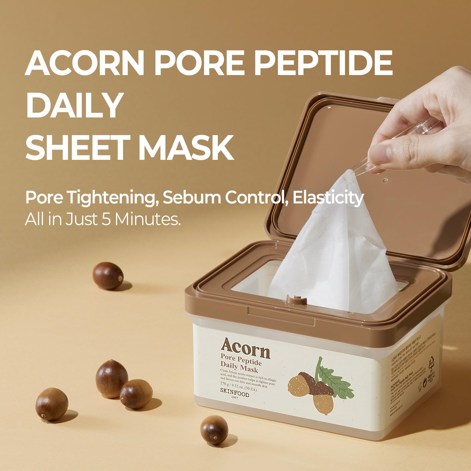 SKINFOOD 1957 Acorn Pore Daily Mask on face delivers quick pore tightening and hydration.
