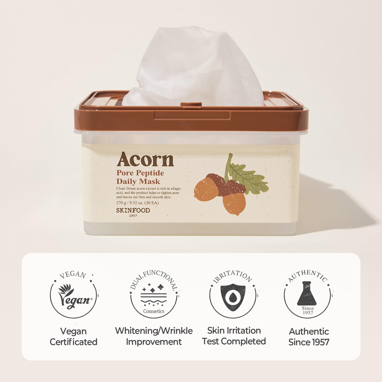 SKINFOOD 1957 Acorn Pore Daily Mask is vegan-certified.