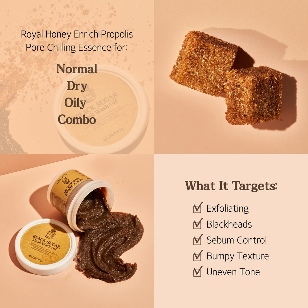 Applying Skinfood 1957 Black Sugar Mask on damp skin for exfoliation