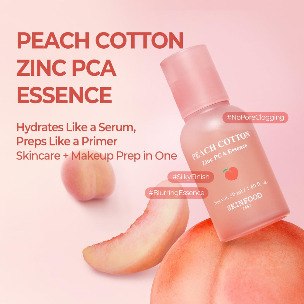 Dropper of SKINFOOD Peach Cotton Zinc PCA serum primer showing hydration
