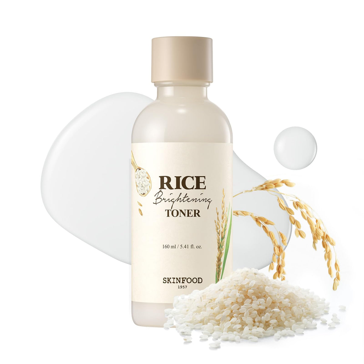 SKINFOOD 1957 Rice Brightening Toner bottle close-up for hydrated, glowing skin.