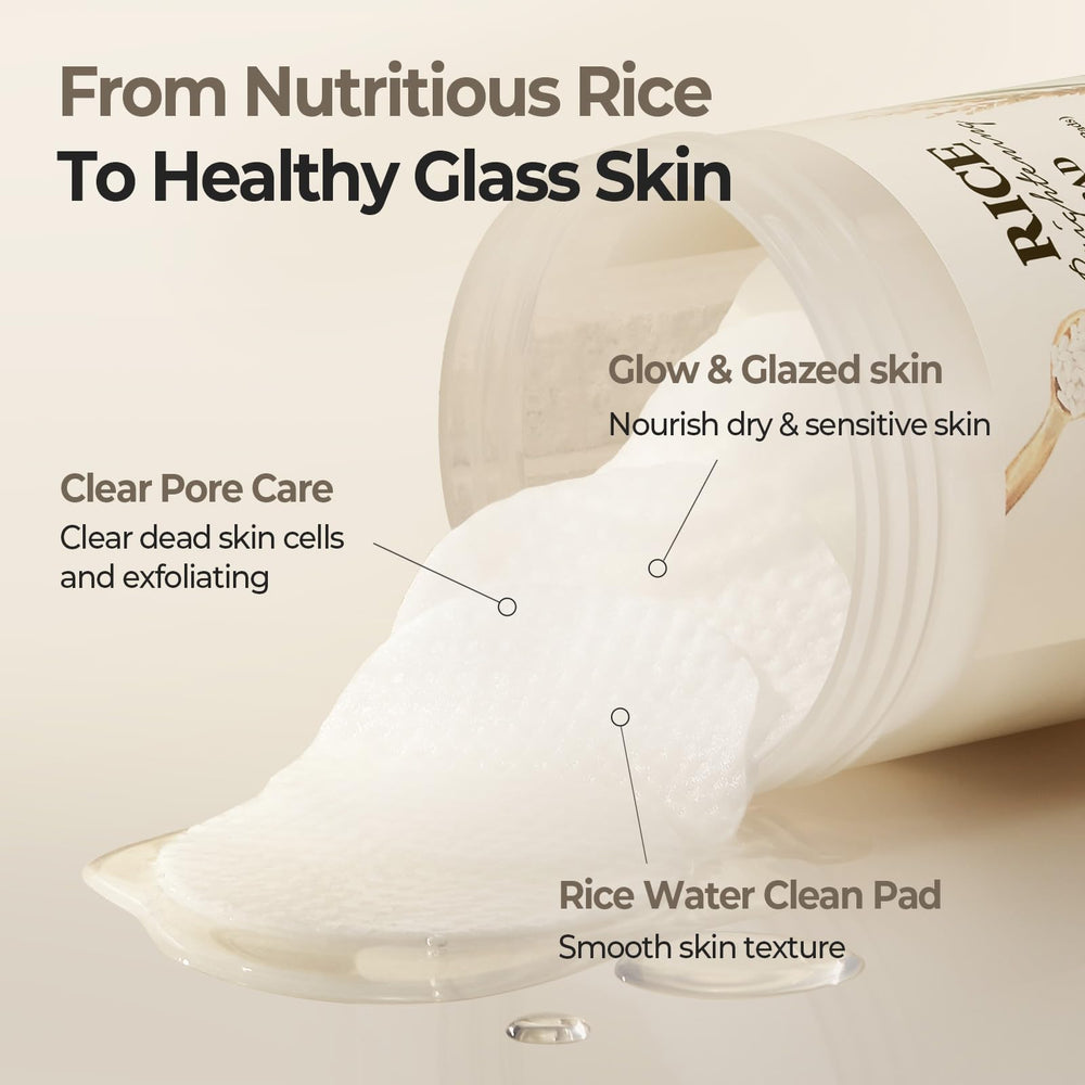 SKINFOOD bottle and pad duo highlighting fermented rice extract and rice water