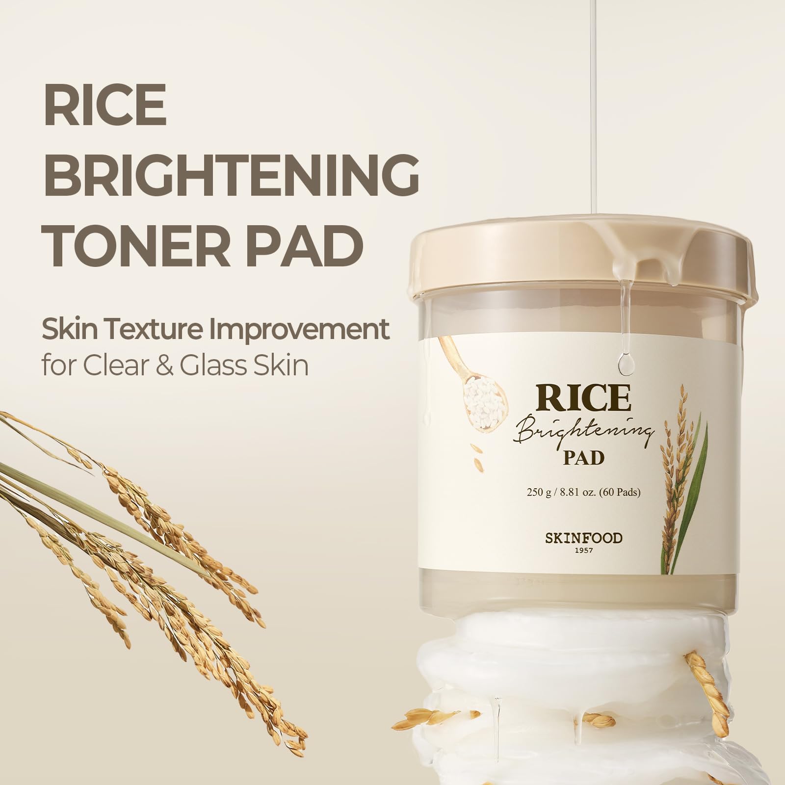Closeup of SKINFOOD 1957 Rice Brightening Toner Pad ready for gentle toning and hydration