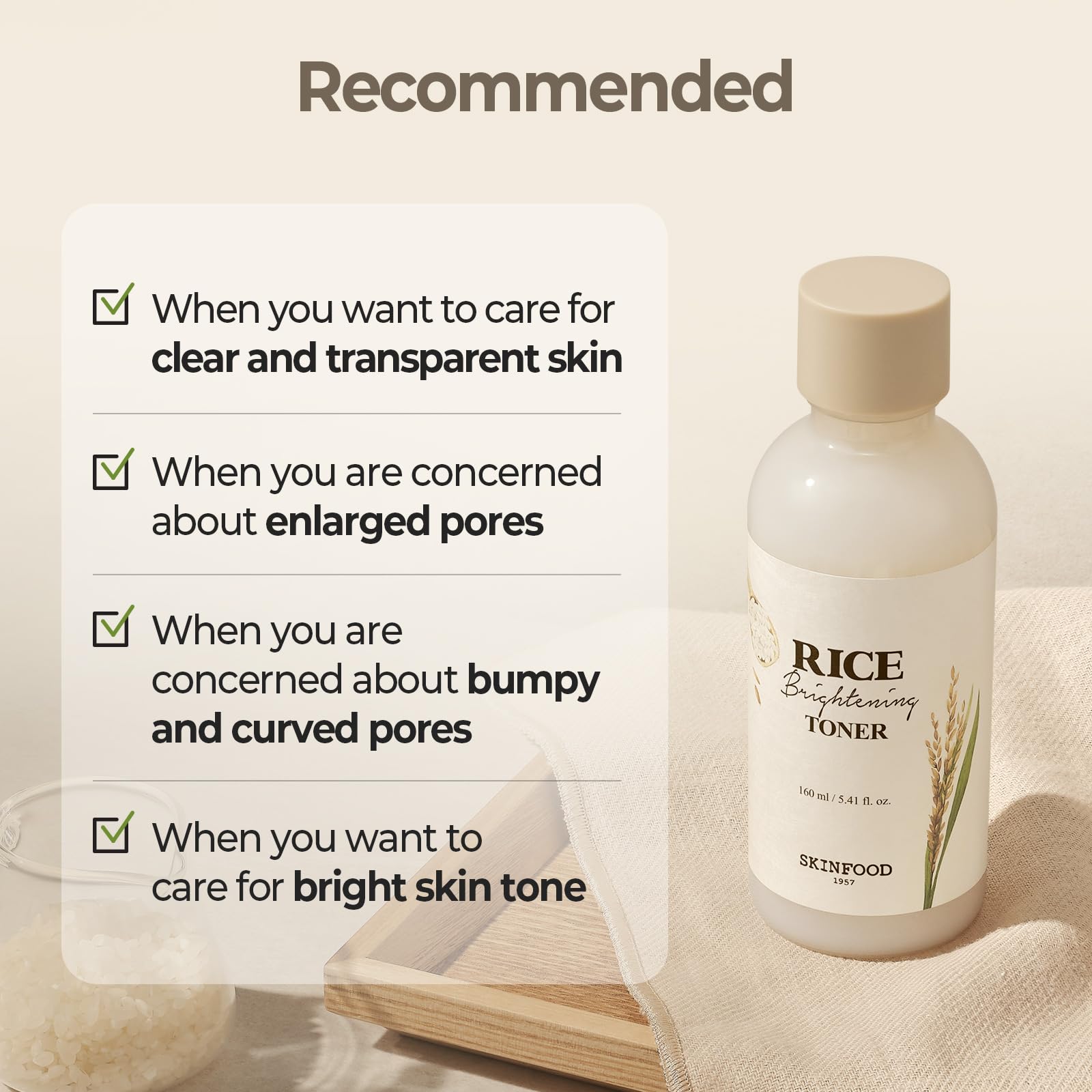 SKINFOOD 1957 Rice Brightening Toner pore-refinement close-up suggesting smoother texture.