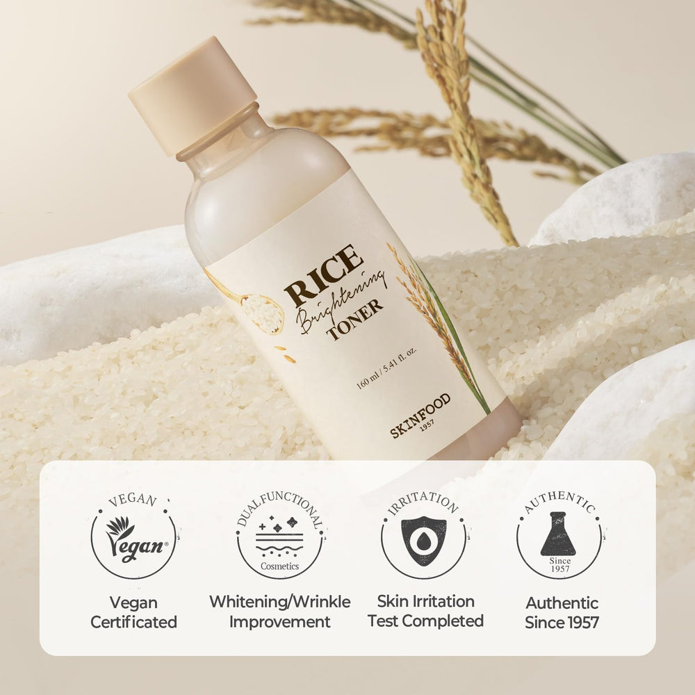 SKINFOOD 1957 Rice Brightening Toner rice-ferment highlight evokes heritage and benefits.