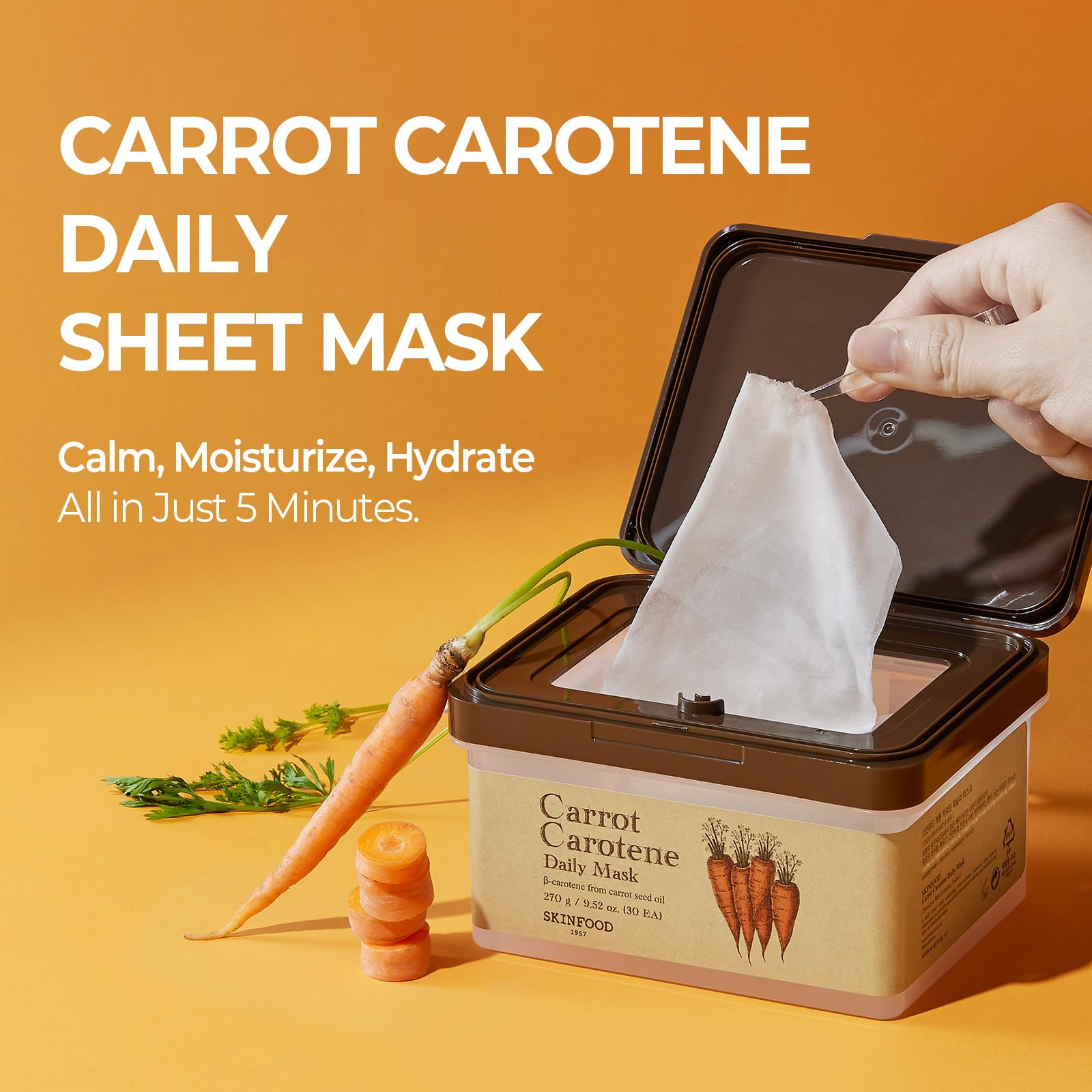 SKINFOOD Carrot Carotene Daily Mask bulk pack open box showing ready-to-use sheets