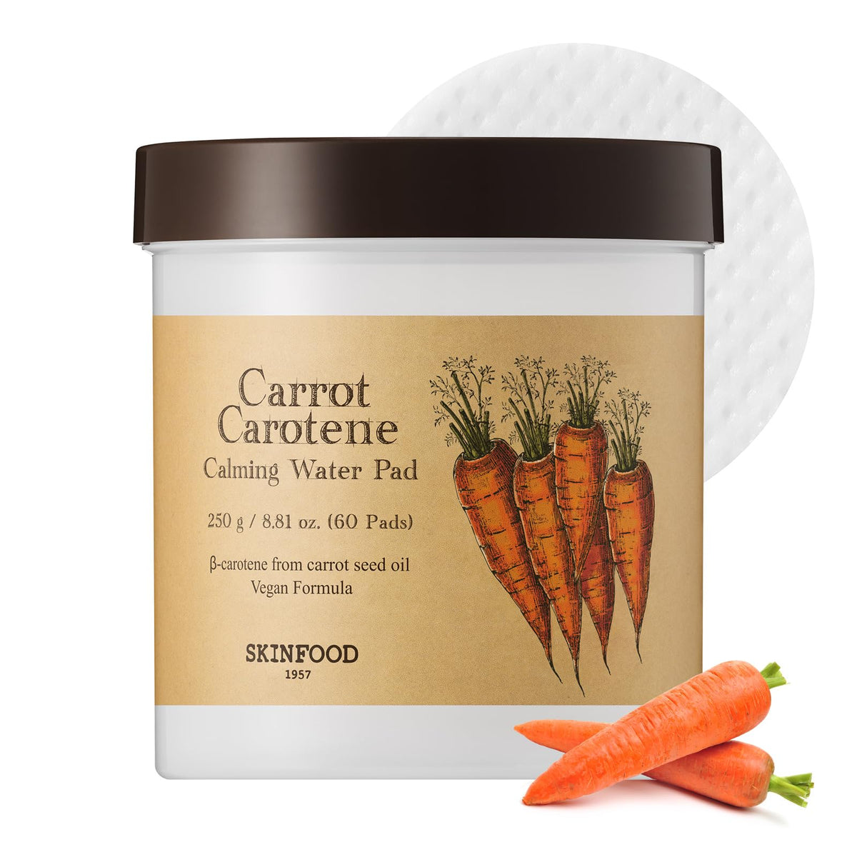 SKINFOOD Carrot Toner Pad cooling for instant refreshment after sun exposure.