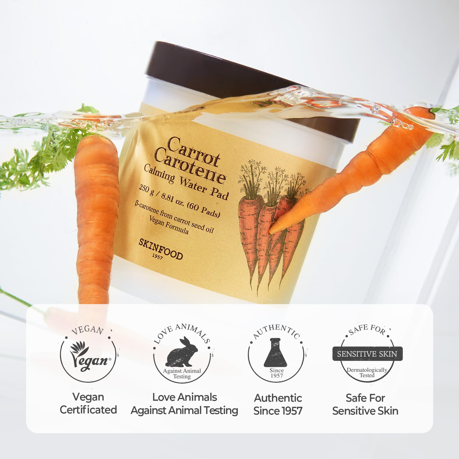 SKINFOOD Carrot Toner Pad is vegan and cruelty-free for thoughtful skincare.