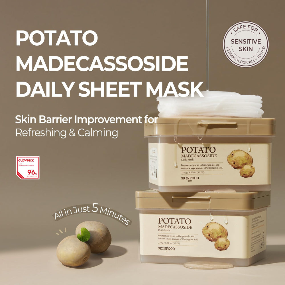 SKINFOOD Potato Madecassoside Daily Sheet Mask application, 5 minutes quick soothing for irritated skin.