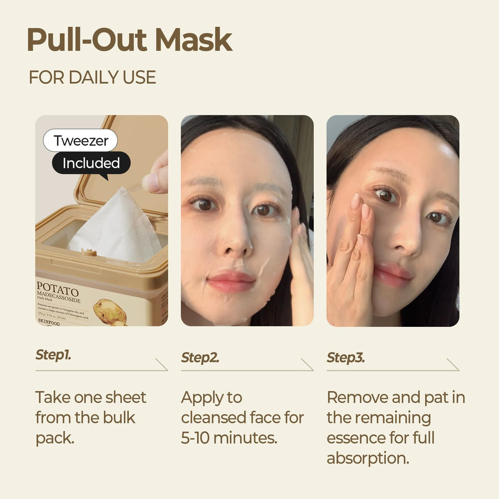 SKINFOOD Potato Madecassoside Daily Sheet Mask bulk-pack detail with 30 count.