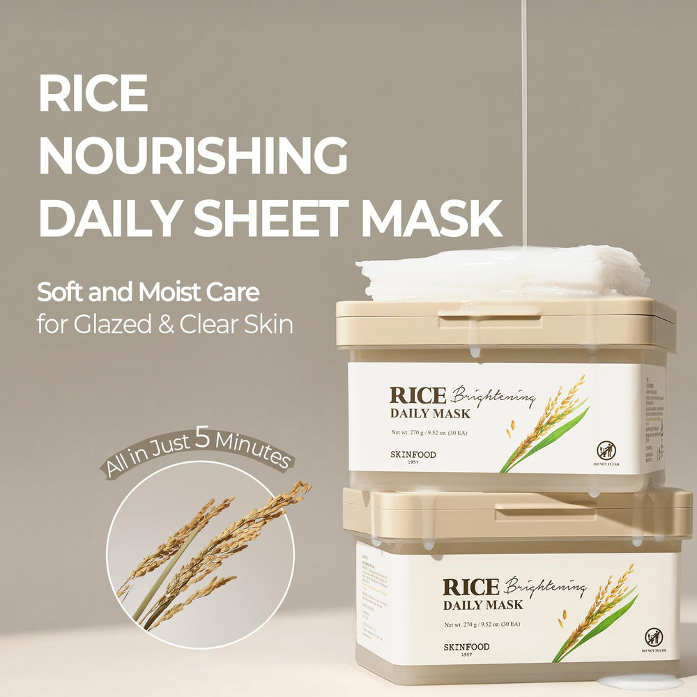SKINFOOD Rice Daily Mask 5-minute glow enhances texture and smoothness.