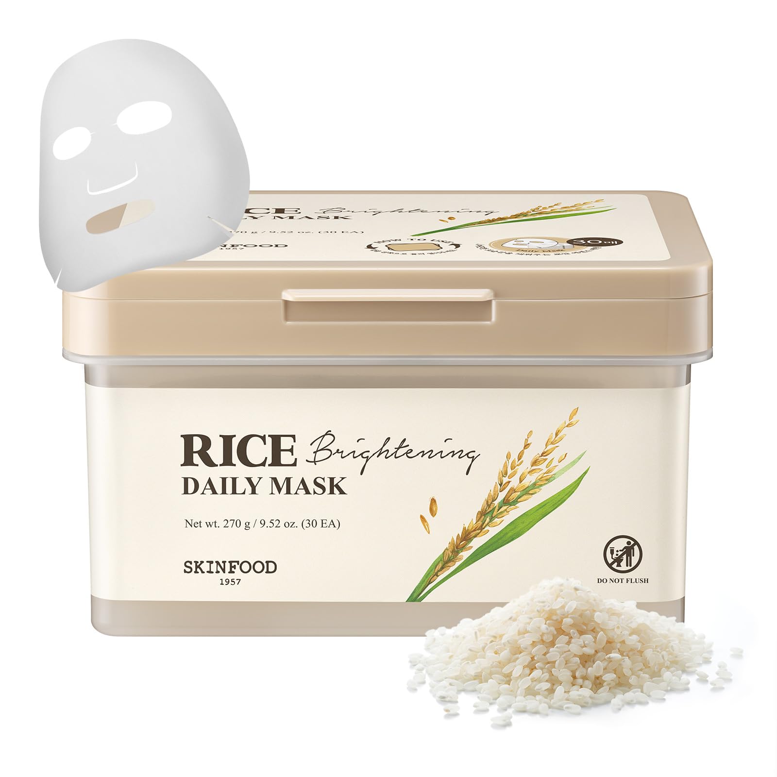 SKINFOOD Rice Daily Mask application delivers quick hydration and radiant finish.