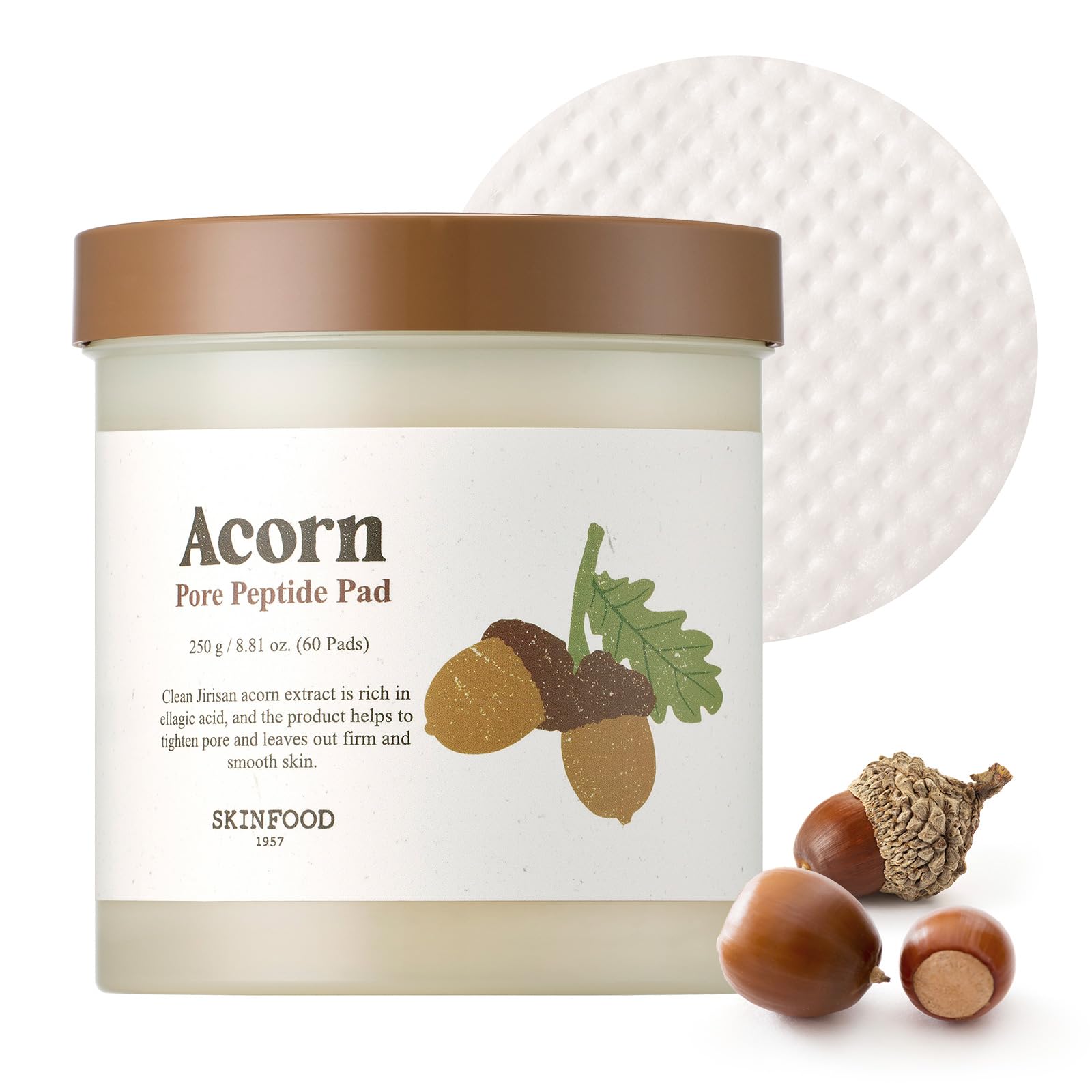 SKINFOOD 1957 Acorn Pore Peptide Pad packaging showing 60 pads for easy pore care