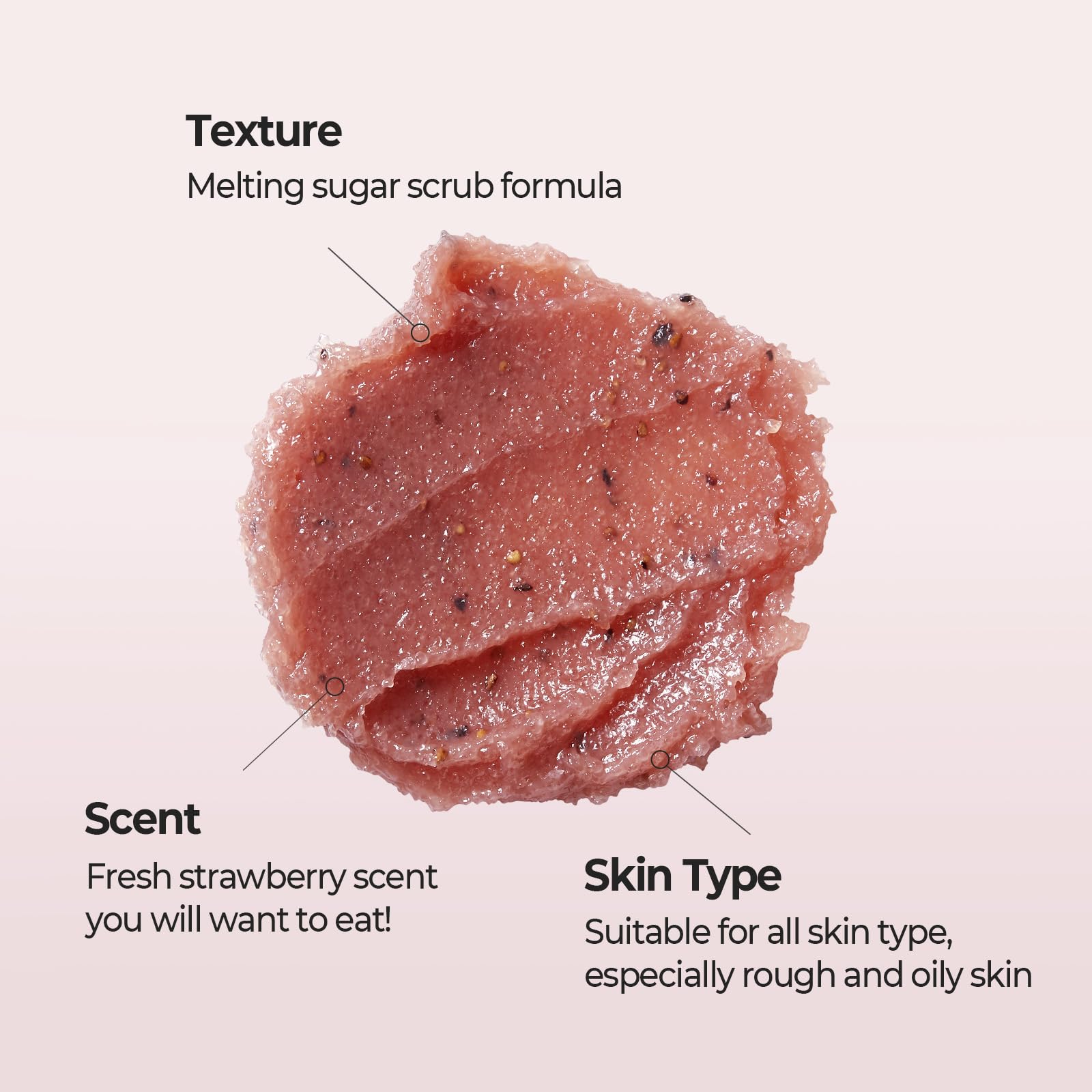 Ingredients close-up featuring SKINFOOD1957 strawberry extract and natural sugars for nourishment.