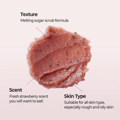 Ingredients close-up featuring SKINFOOD1957 strawberry extract and natural sugars for nourishment.