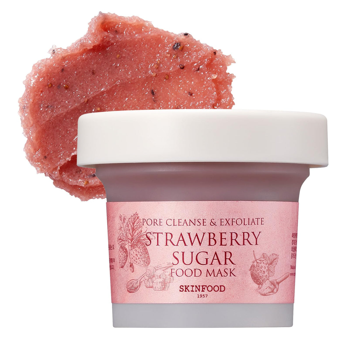 SKINFOOD1957 Strawberry Sugar Food Mask jar showcasing berry extracts for radiant skin.