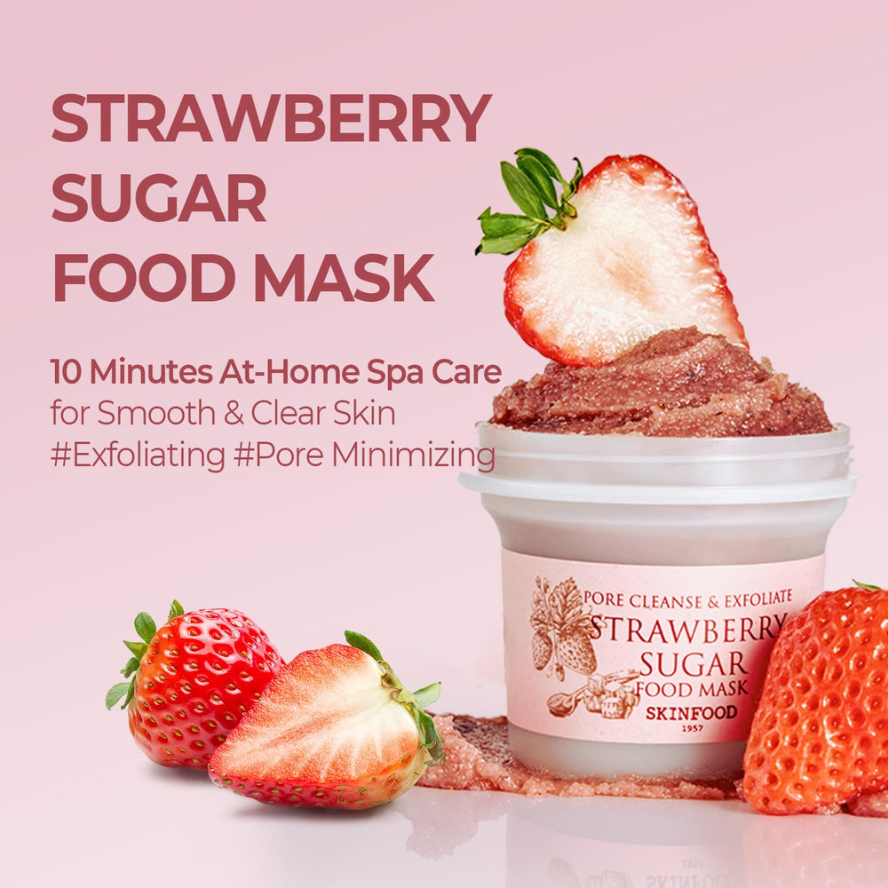 Close-up of SKINFOOD1957 mask texture with sugar granules for gentle exfoliation.