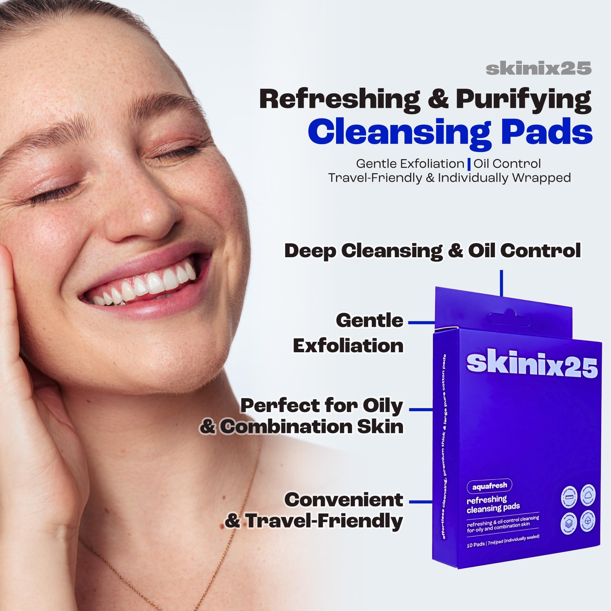 Skinix25 Aquafresh Pads dermatologist-tested label, safe daily cleansing