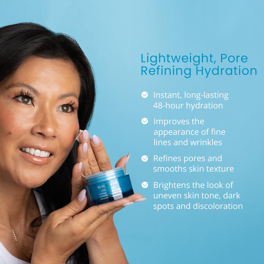 Texture close-up shows a lightweight, fast-absorbing gel for renewed skin feel.