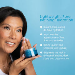 Texture close-up shows a lightweight, fast-absorbing gel for renewed skin feel.