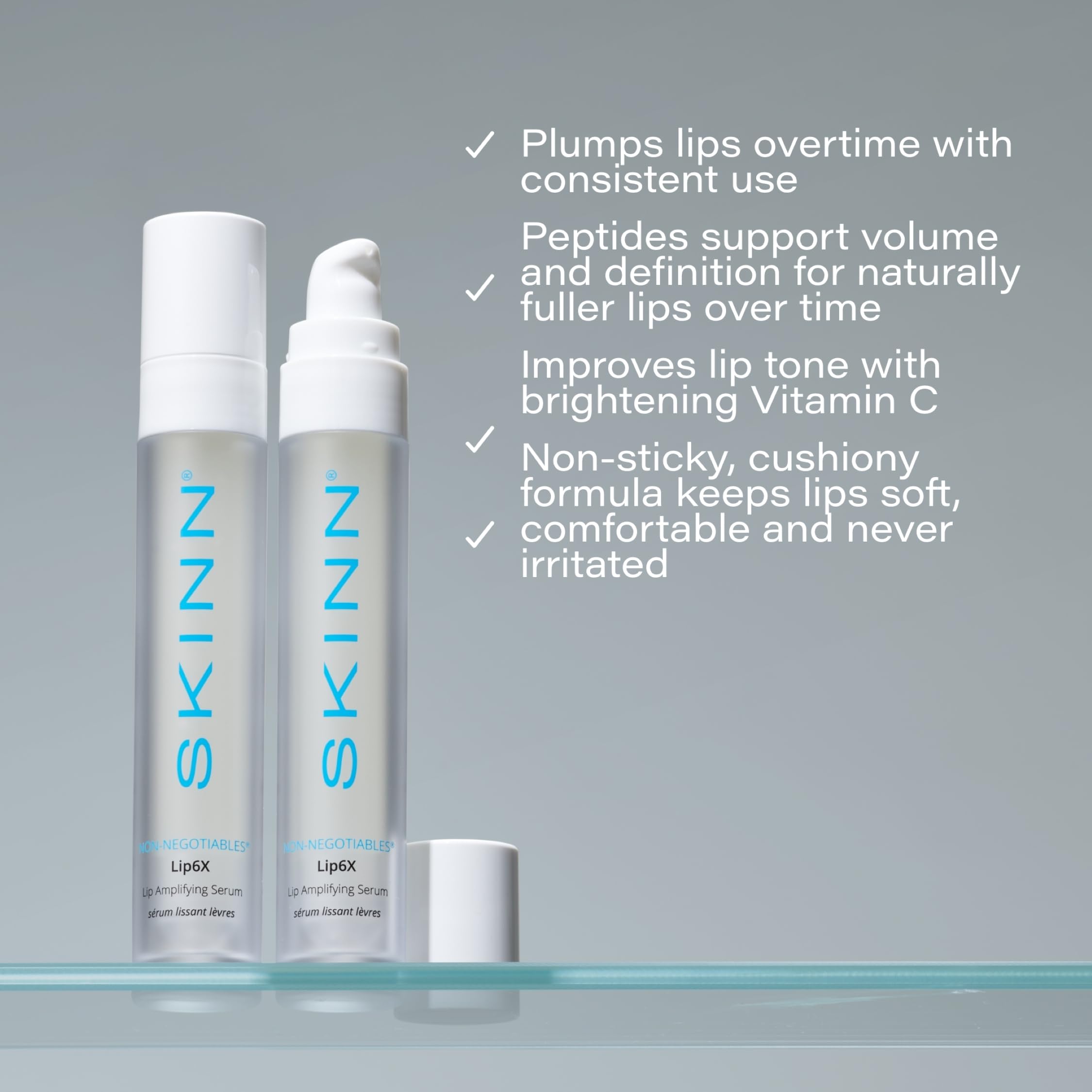 SKINN Lip6X serum applied on lips shows smoothing effect.