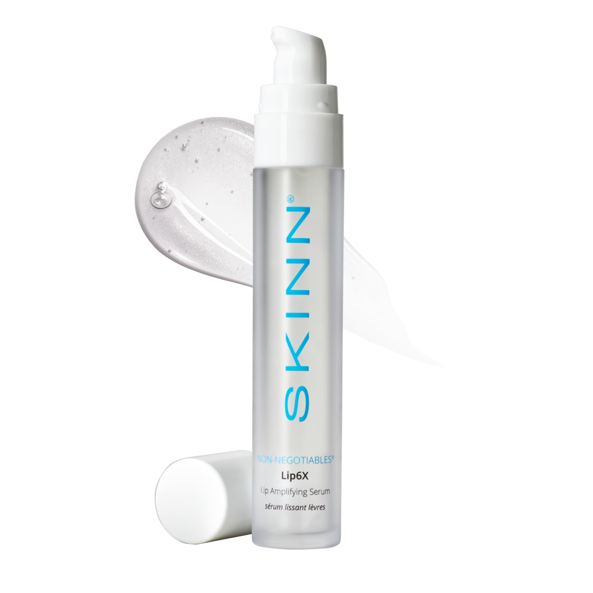 SKINN Lip6X serum bottle close-up highlighting hydrating lip care.