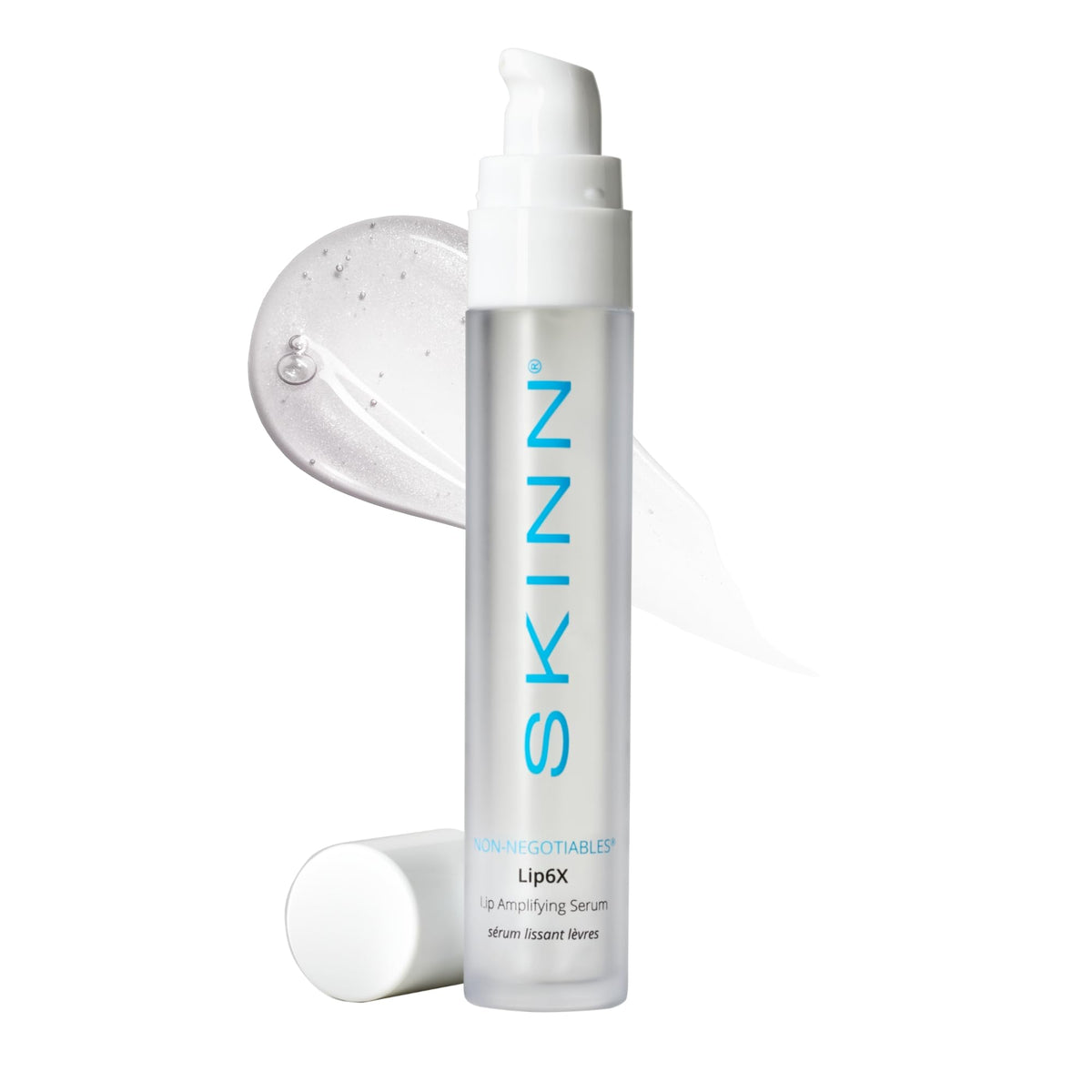 SKINN Lip6X serum bottle close-up highlighting hydrating lip care.