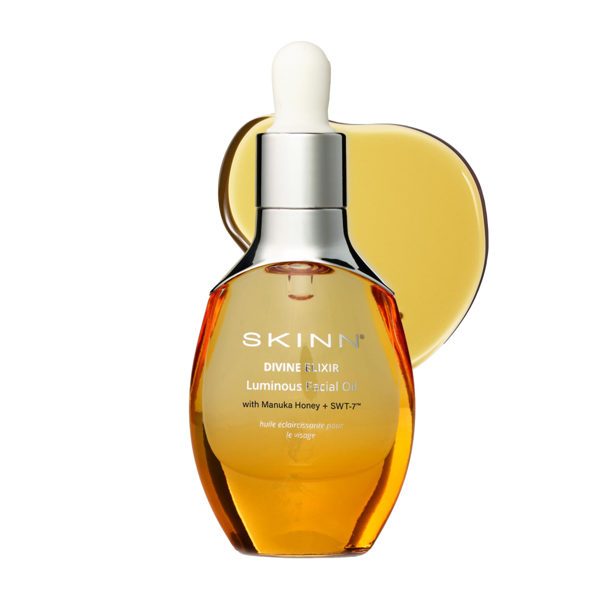 SKINN luminous face oil bottle displaying a premium anti-aging care for sensitive dry skin