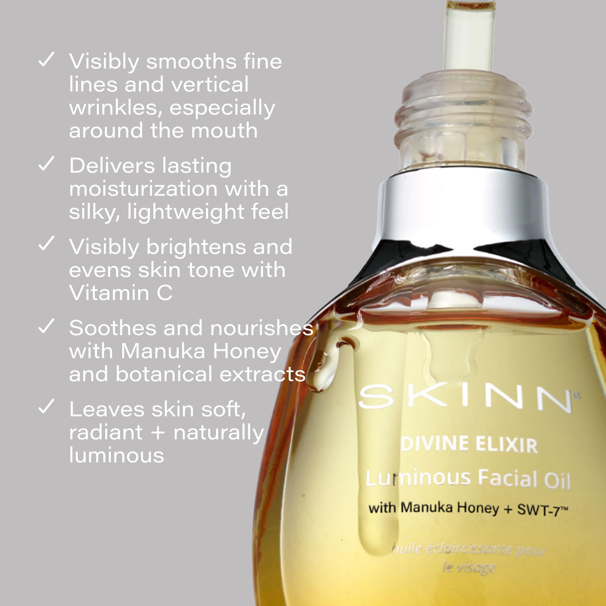 SKINN luminous face oil texture close-up showing a silky, non-greasy finish