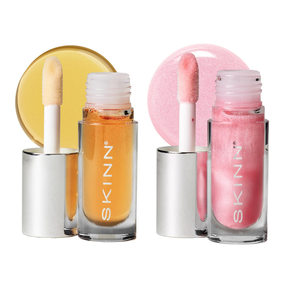 SKINN Luminous Lip Oil Bundle golden tube swatch for radiant moisture