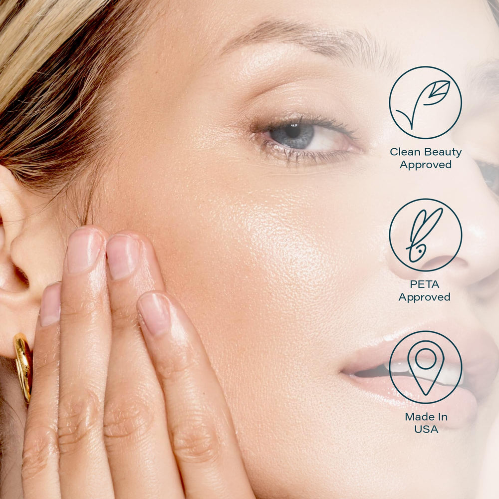 SKINN ingredient badge shows oat bran and witch hazel for calming balance.