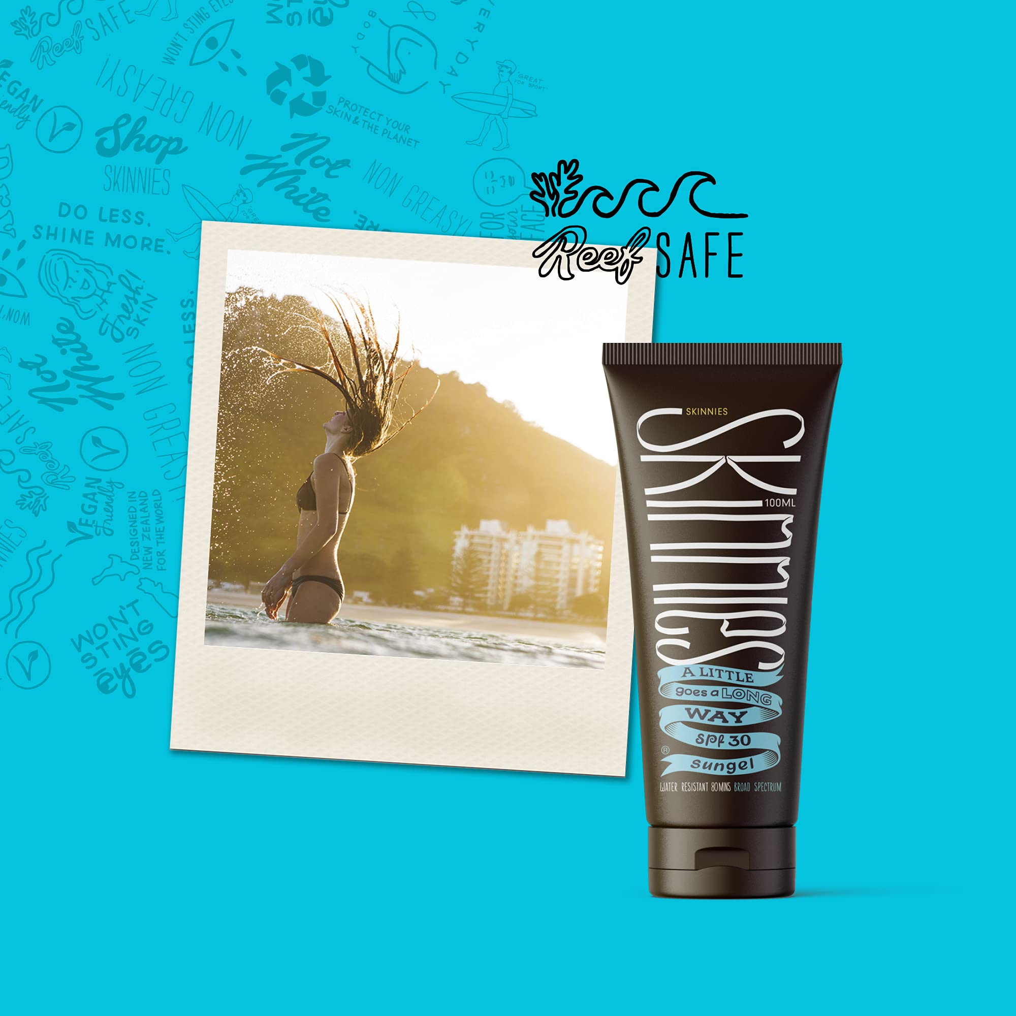 Skinnies Sungel on a hand with coral reef backdrop