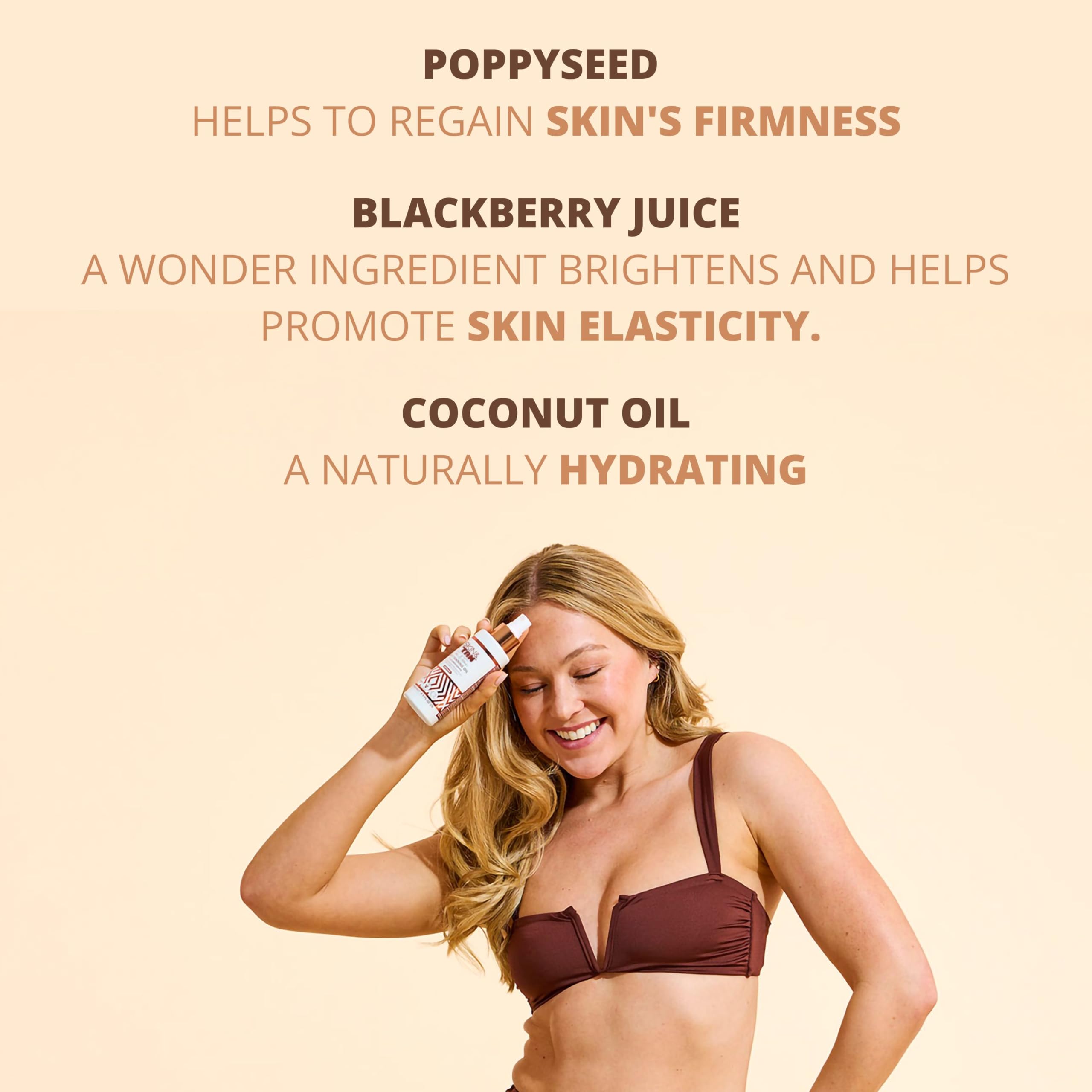 Skinny Tan Tan and Tone Oil applied to skin smooths texture and evens tone.