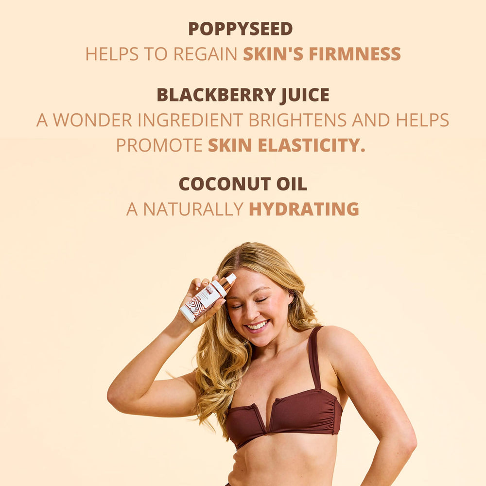 Skinny Tan Tan and Tone Oil applied to skin smooths texture and evens tone.