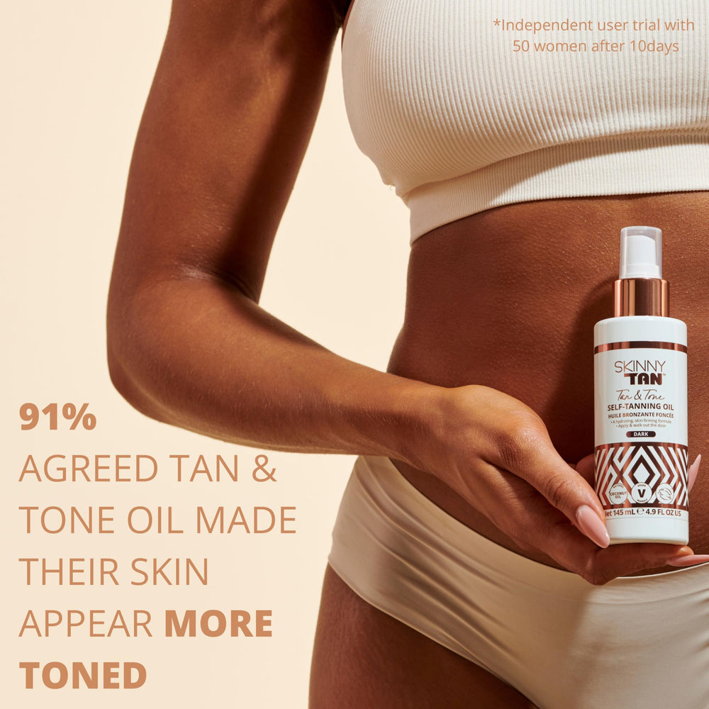 Skinny Tan Tan and Tone Oil no-rinse formula allows quick dressing.