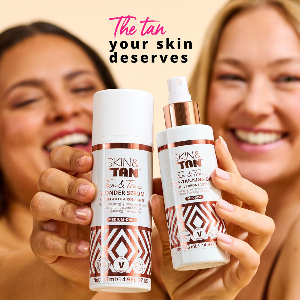 Skinny Tan Tan and Tone Oil packaging shows 4.9 oz size.