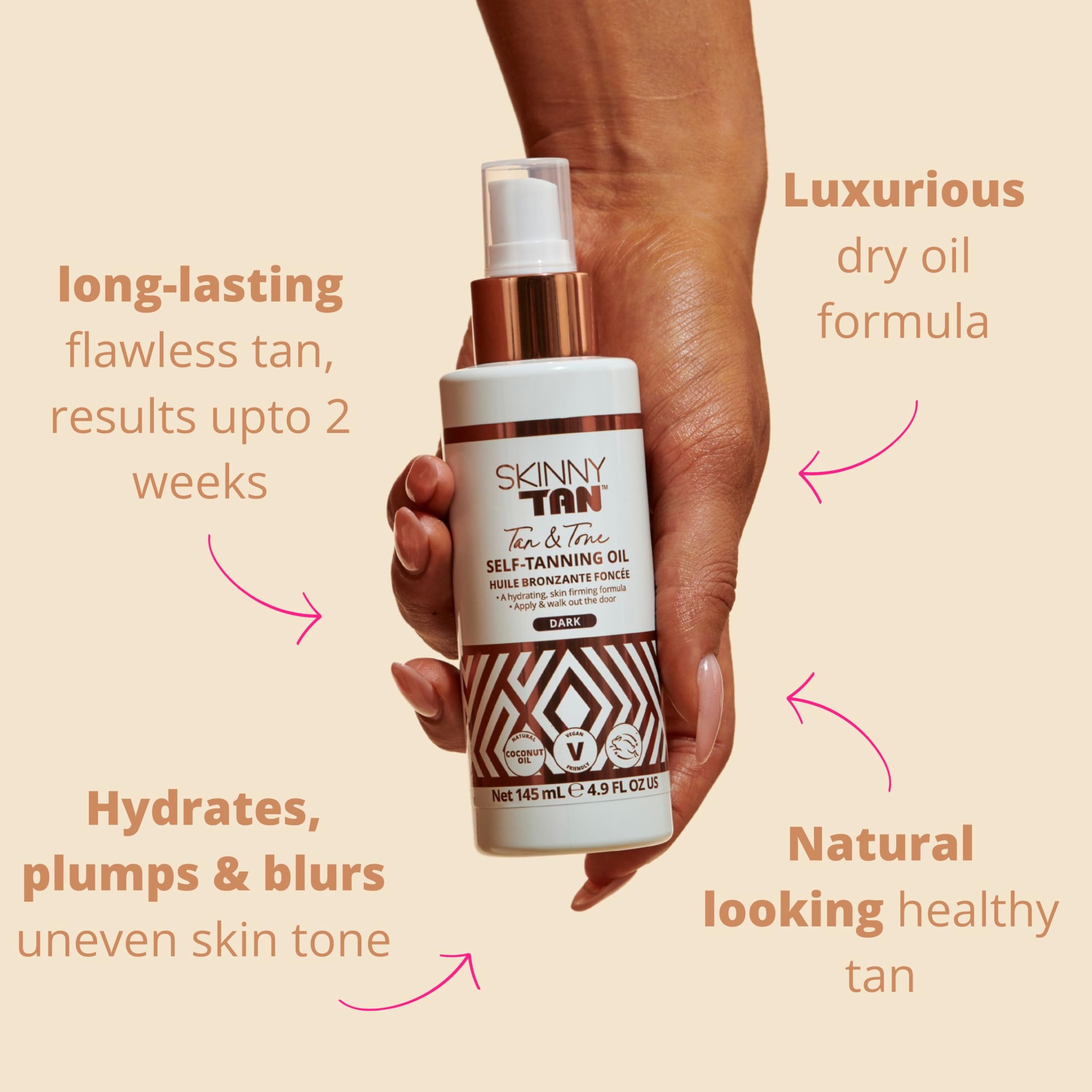 Skinny Tan Tan and Tone Oil spray on skin shows hydration and glow.