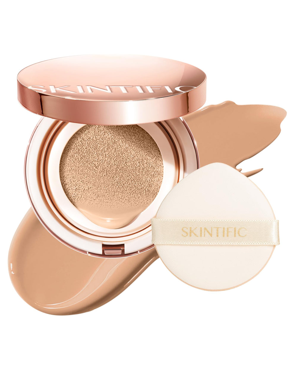SKINTIFIC Full Coverage Cushion bottle shows premium packaging for a smooth, all-day finish.