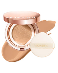 SKINTIFIC full-coverage cushion in taupe beige delivering flawless coverage with a lightweight feel