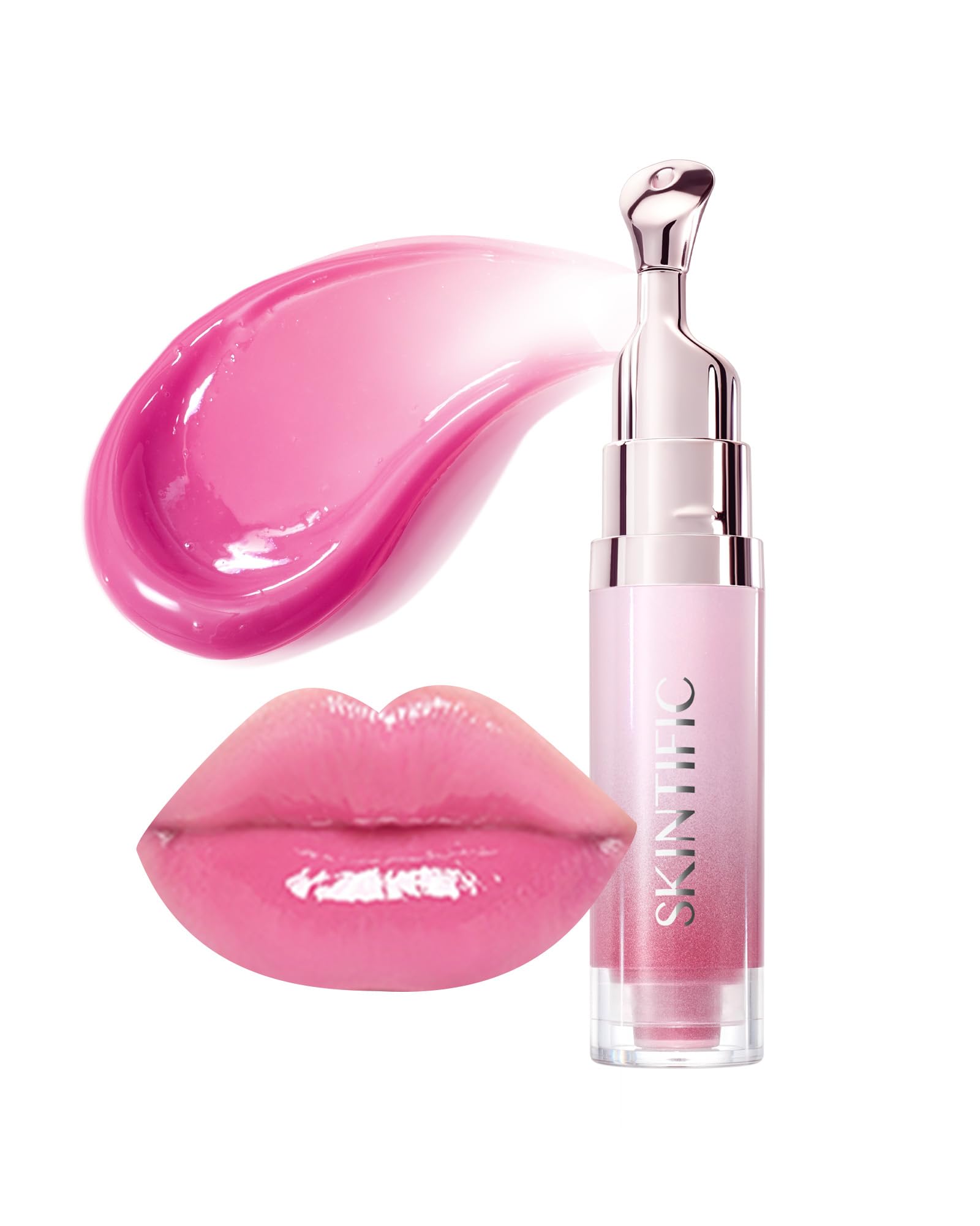 SKINTIFIC peptide lip serum cap close-up with pink-berry tint for hydrated lips.