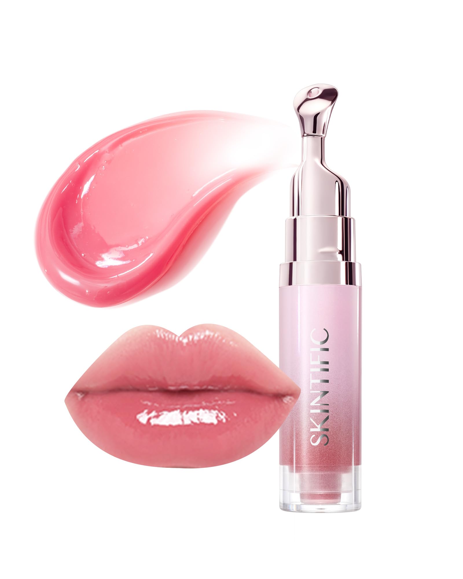 SKINTIFIC peptide brightening lip serum in baby pink tube for even-toned lips.