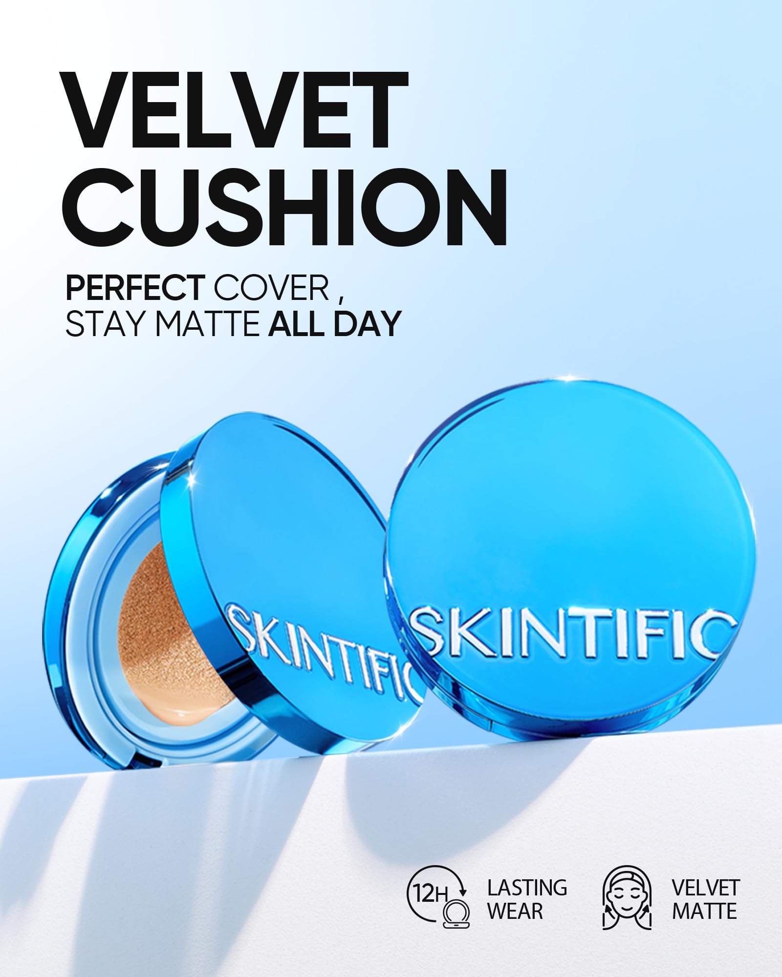 SKINTIFIC Velvet Matte Cushion close-up on skin shows a smooth, breathable finish for oily skin.