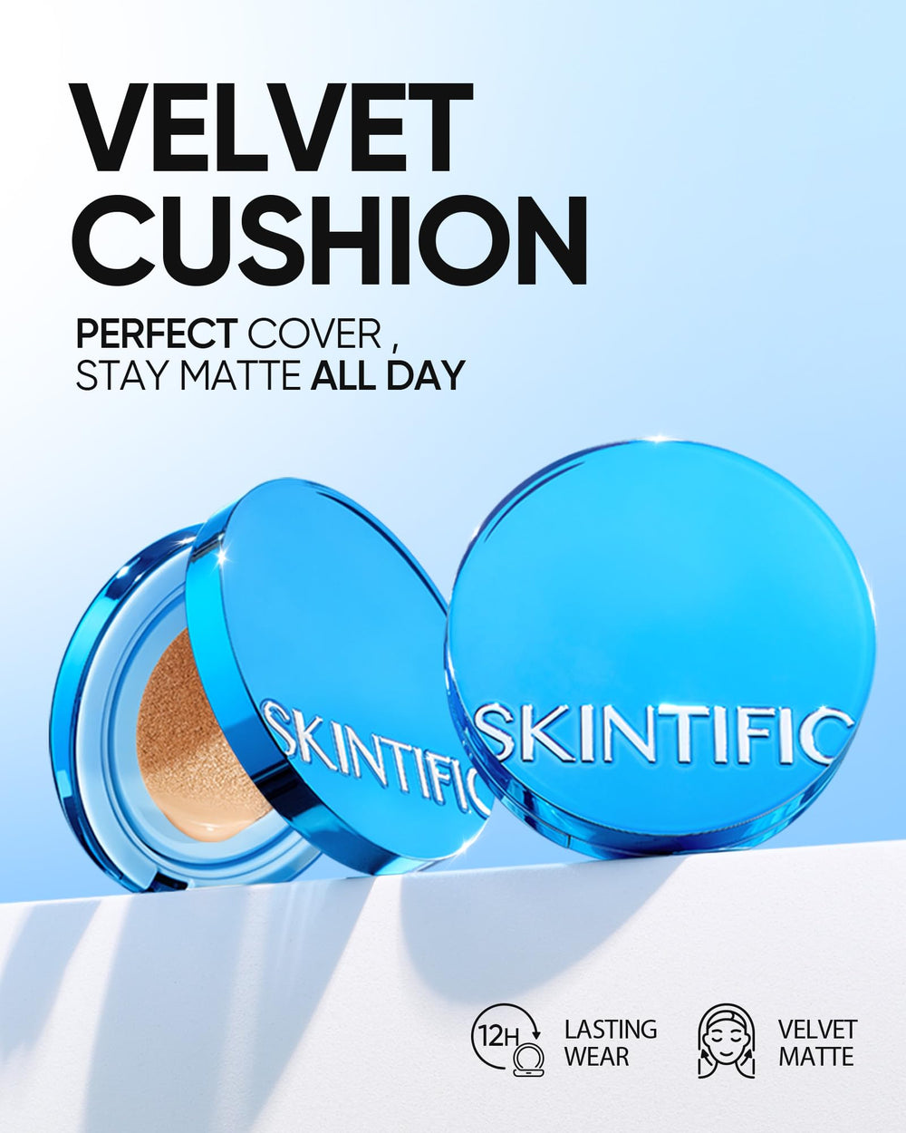 SKINTIFIC Velvet Matte Cushion close-up on skin shows a smooth, breathable finish for oily skin.