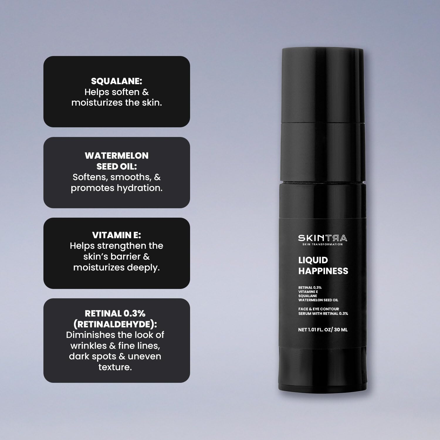 Dropper dispensing SkinTra serum for facial use and quick absorption.