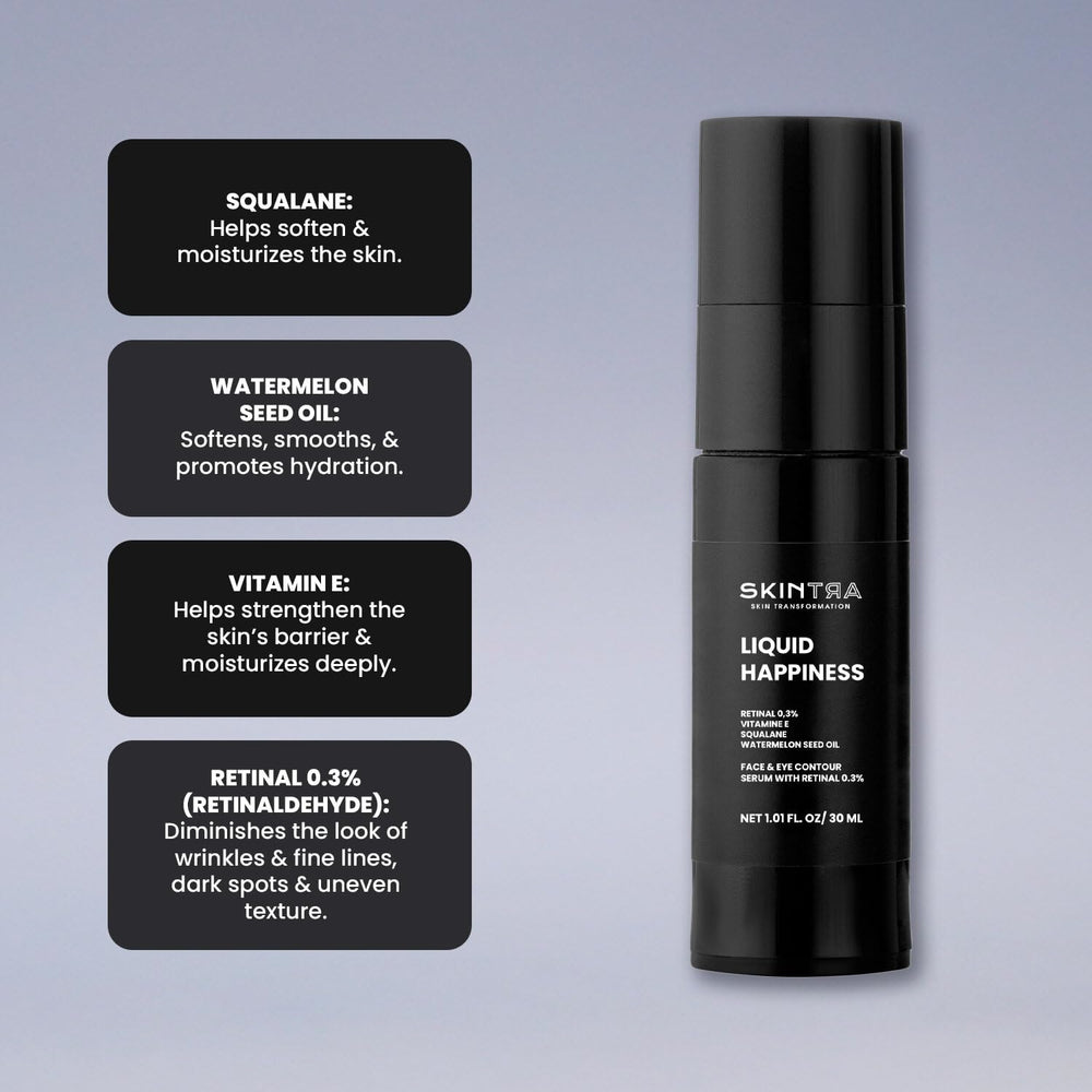 Dropper dispensing SkinTra serum for facial use and quick absorption.