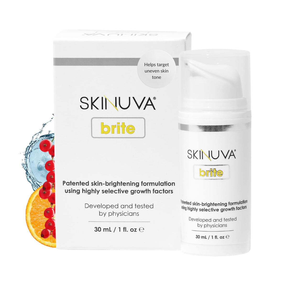 Skinuva Brite bottle with dropper demonstrating tone-enhancing serum for even skin.