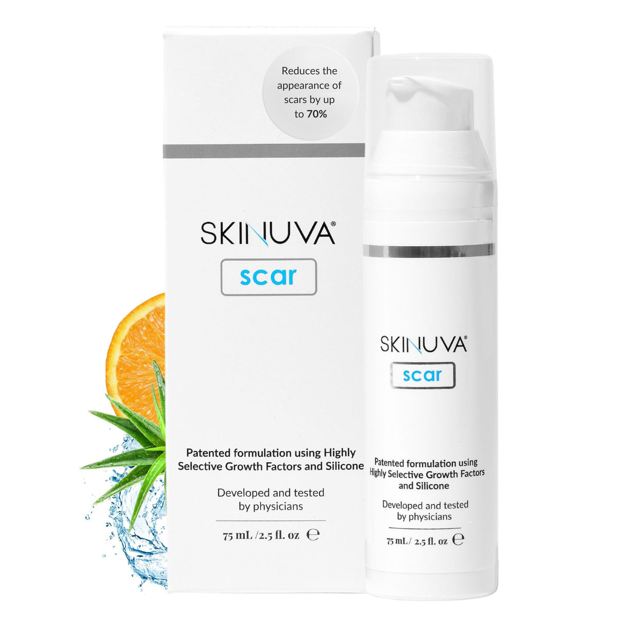 Skinuva Next Gen Scar Cream bottle pouring highlighting growth factors
