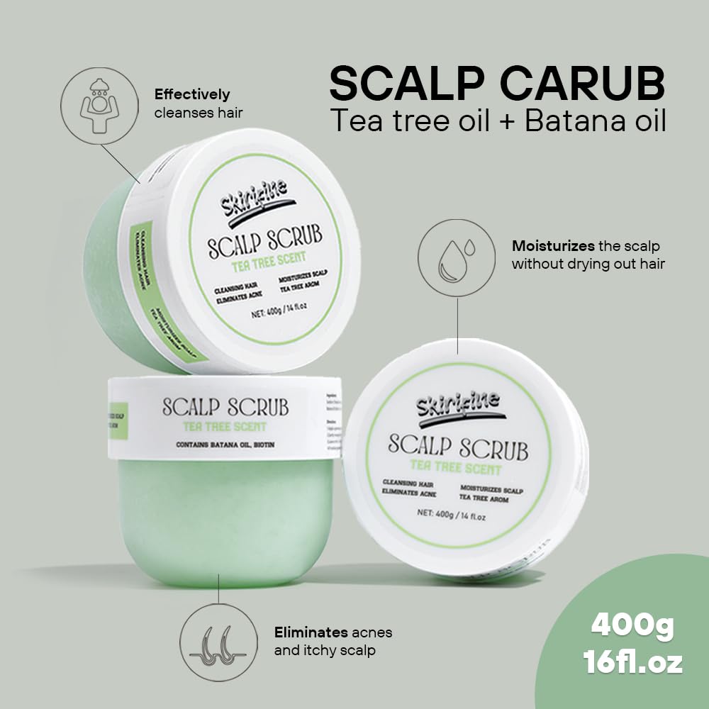 Skirifine Tea Tree Scrub packaging emphasizes natural ingredients and eco design.